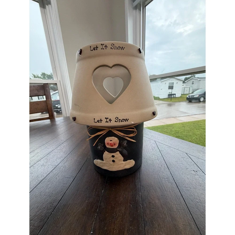 Let It Snow Ceramic Snowman Candle Holder with Heart Cutout Lampshade Topper